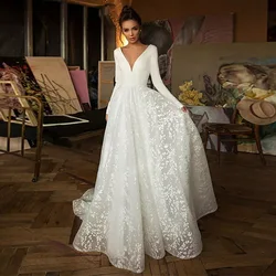 Elegant A Line Lace 2022 Vestido Novia Long Sleeve Wedding Gowns Long Sleeves Wedding Dress V Neck White Lace Wedding Dress