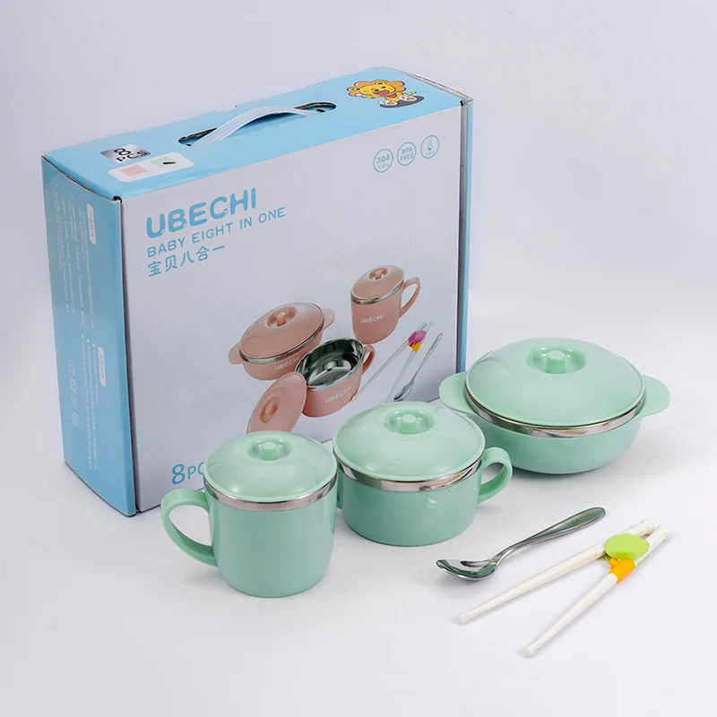Amazon Hot Sale 8 PCS /Set Plastic Stainless Steel Kids Tableware Set Food Containert