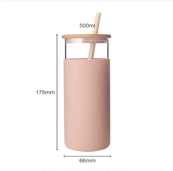 Eco Friendly 17/20/25oz Glass Office Water Bottle BPA Free with Straw Silicone Protective Sleeve Bamboo Lid