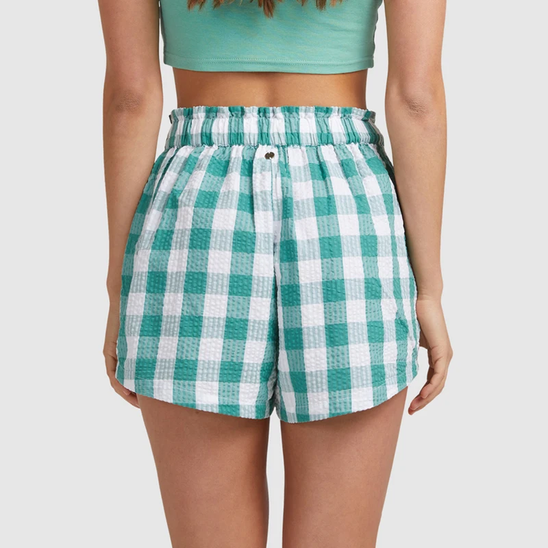 Summer Top Quality Comfortable Casual High Rise Waist Elastic Waist Plaid Cotton Shorts For Women