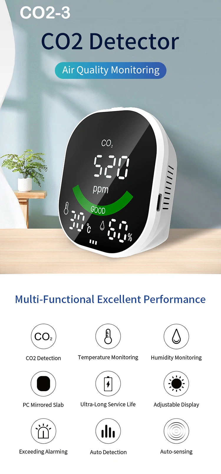 Portable Indoor CO2 Detector Gas Meter Infrared NDIR CO2 Monitor Temperature Humidity Air Quality CO2 Tester Auto Alarm