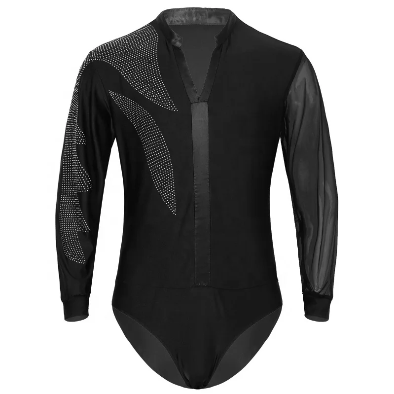 
Men Adults V-neck Side Shiny Rhinestones Long Sleeve Ballroom Latin Tango Rumba Dance Shirt Leotard Bodysuit Shirt Tops 