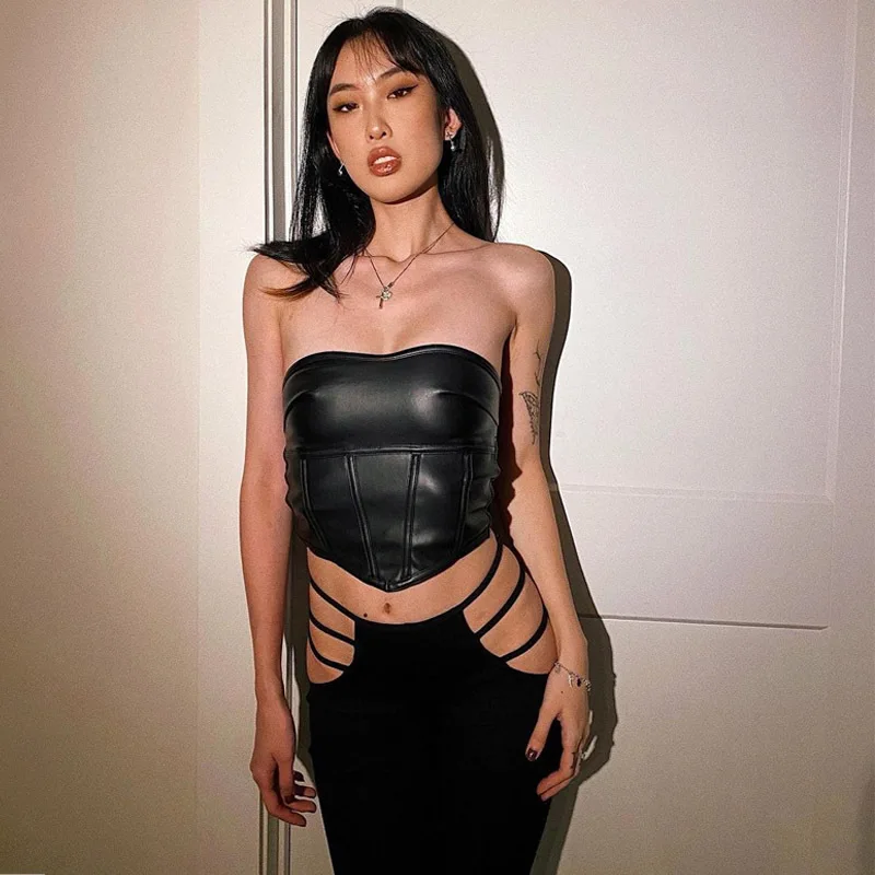 Crop Tube Tops Club Streetwear Fashionable Side Lace Up T Shirt Leather Corset 2021 spring winter Women Sexy Sleeveless Striped