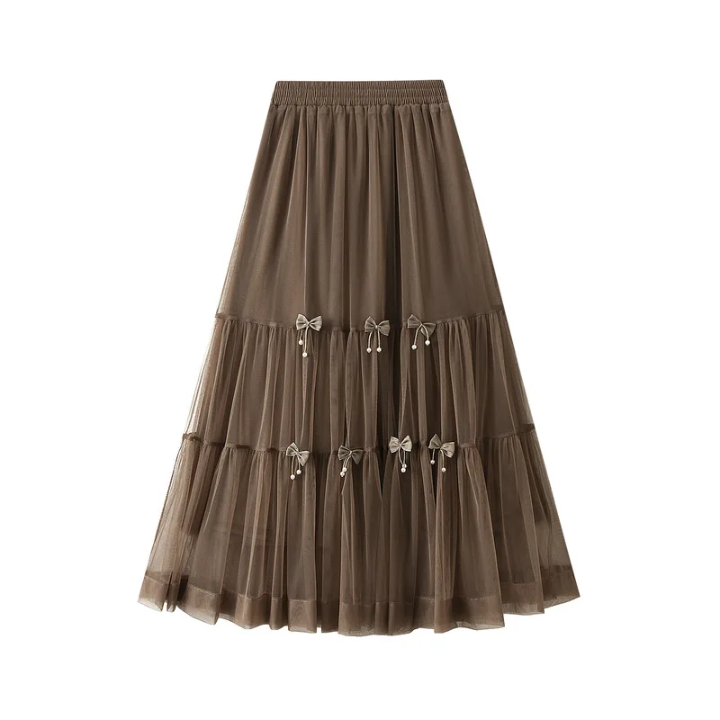 Graceful Mesh Bow Tulle Skirt Women Big Hem Solid Color Sweet Stylish High Waisted Pleated Tutu Skirts