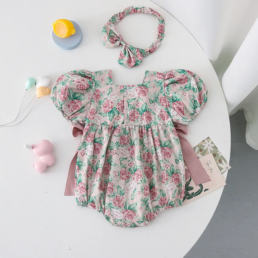 Latest 100% cotton toddler jumpsuit baby girls dress rose pattern rompers sister summer clothes suits newborn gift