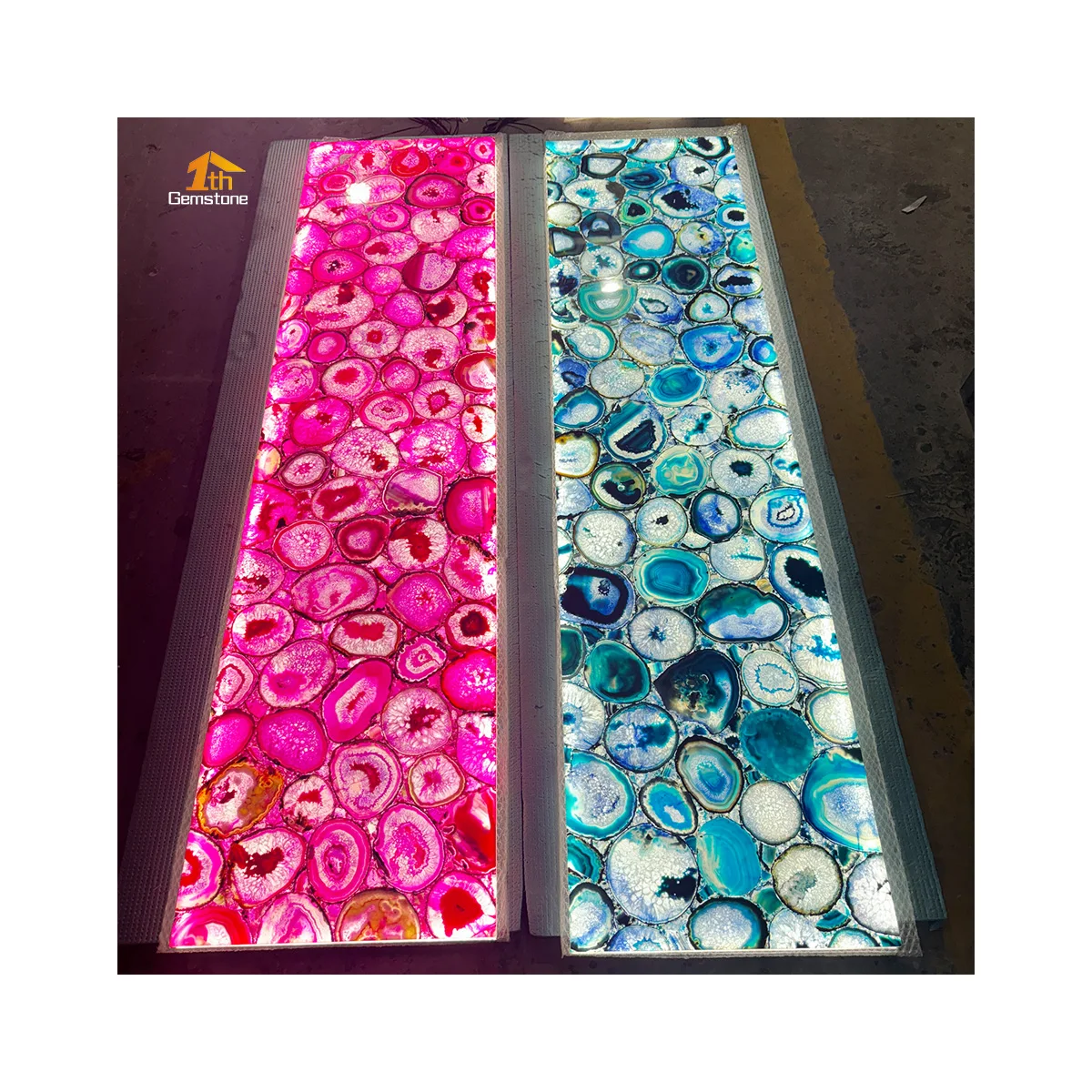 Natural Gemstone Product Backlit Pink Blue Agate Stone Decorative Wall Panel With Light