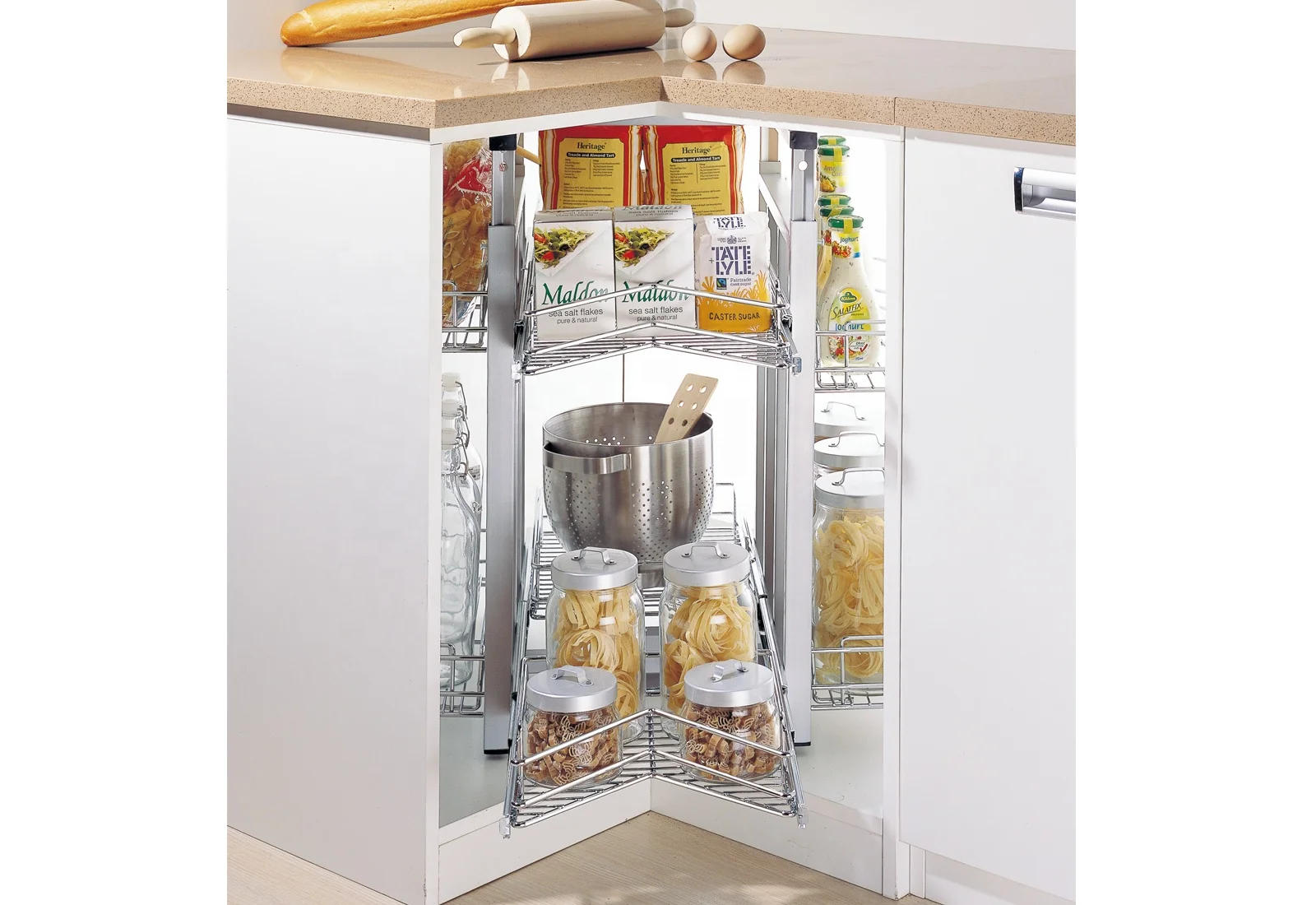 Kitchen for 900mm 36 inch blind cabinet 270 revolving super magic corner lazy suasun pull out drawer chrome wire storage basket