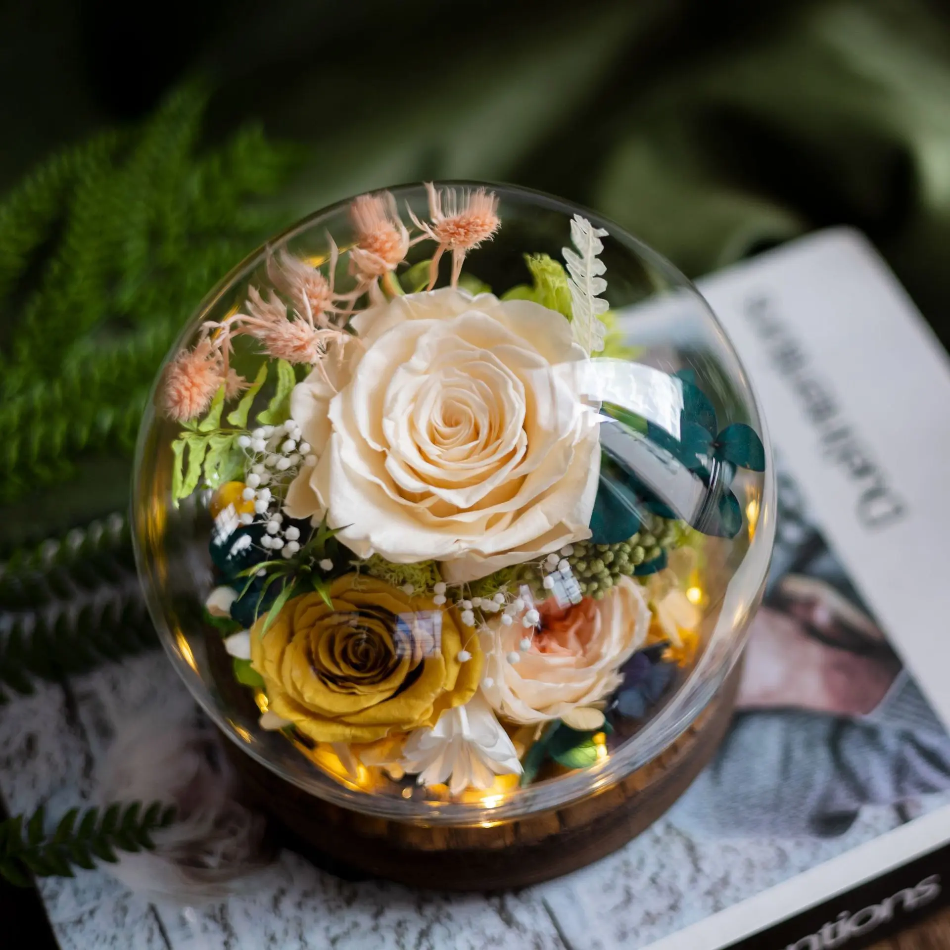 Preserved rose in glass dome with led light aquamarine rose eternity real rose valentines gift for selling