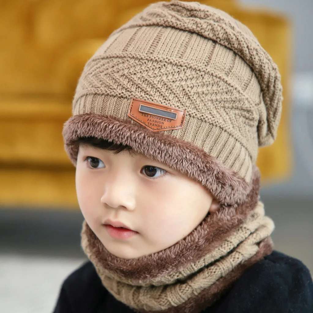 Wholesale autumn winter kids children fleece set knitted hat bib neck two-piece winter ear protection parent-child woolen hat