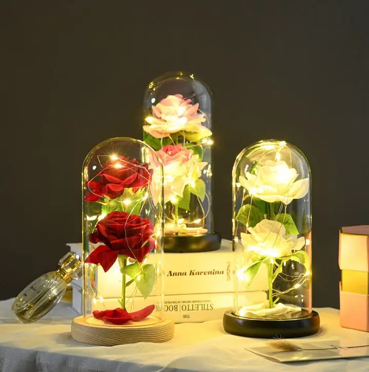 Wholesale Valentine Day Gifts Preserved Rose Forever Flowers LED Glass Cover Night Light