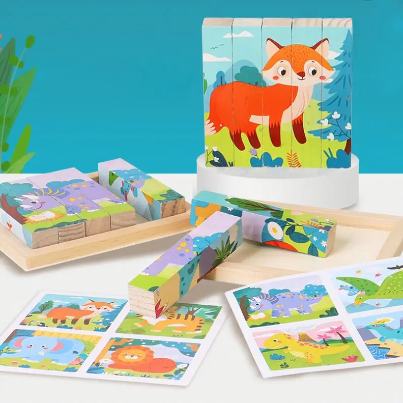 Wooden Matching Block Strip 3D Puzzles 4 sides Building Cubes Toy Board Games Educational Montessori Toys for Kids