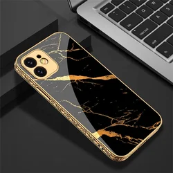 New arrival luxury gold electroplated square hard PC tempered glass marble color cell phone back cover case for iphone 12 pro