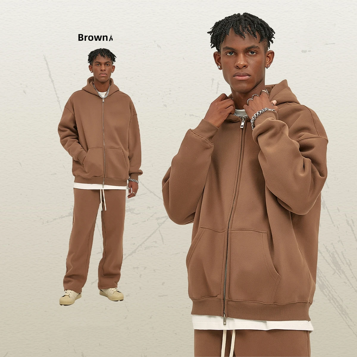 New product with fleece thickening 350g fashion zipper men custom logo heavyweight sweatshirt pants set