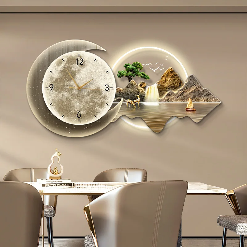 New Style Landscape Painting Led 3d Metal Clock Hanging Decoration Home Decor Wall Art Led Light Painting
