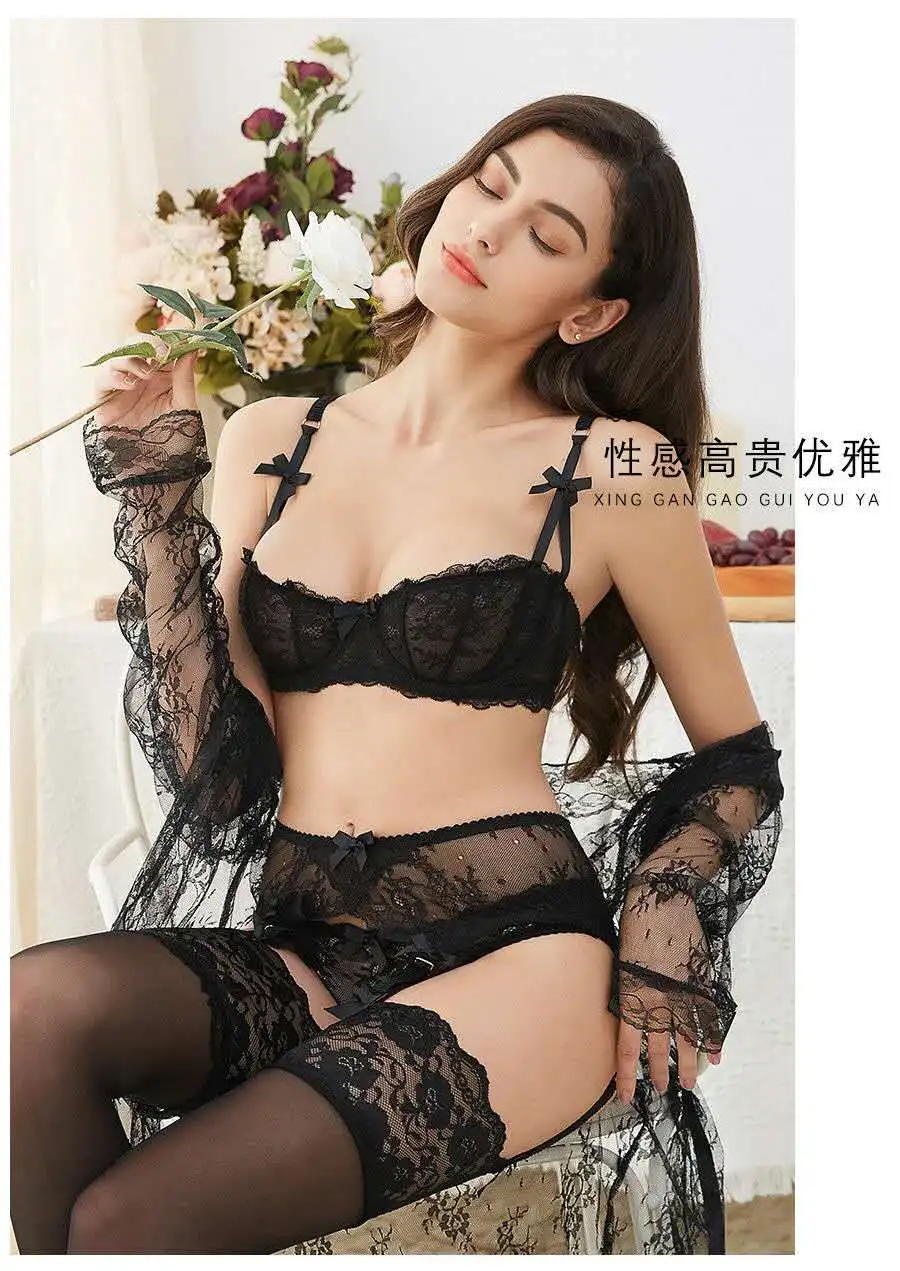 lace transparent unlined half cup bra sets bra+panties+garters+stockings 4 pcs sexy lingerie set