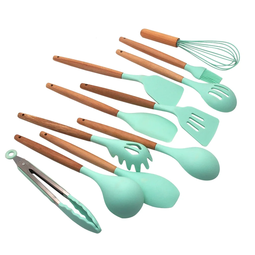 2021 New products home green 11 pieces kitchen utensils wood handle silicone cooking utensil set
