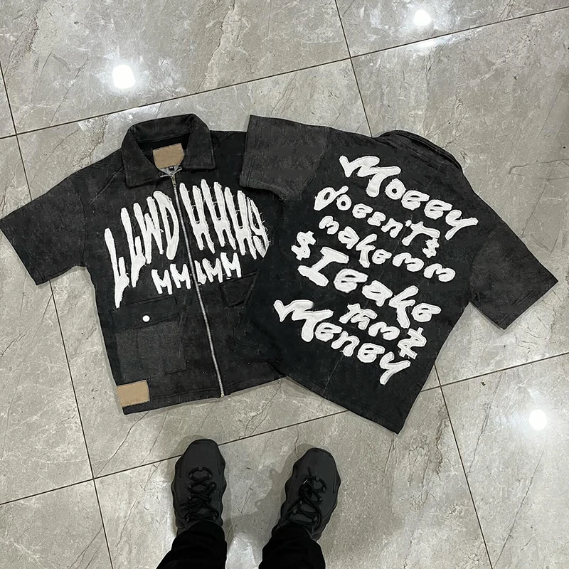 YSJY manufacturer custom high quality distressed embroidery denim jeans button up down shirts men