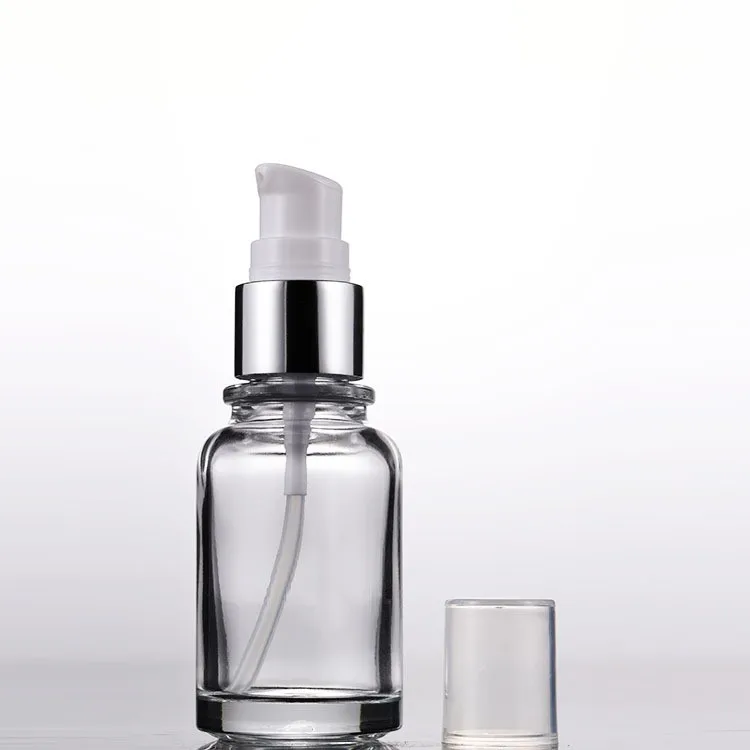 Hot Selling 30ml Transparent Glass Bottle For CBD Oil And Skin Care Lotion Package With Serum Pump Topper