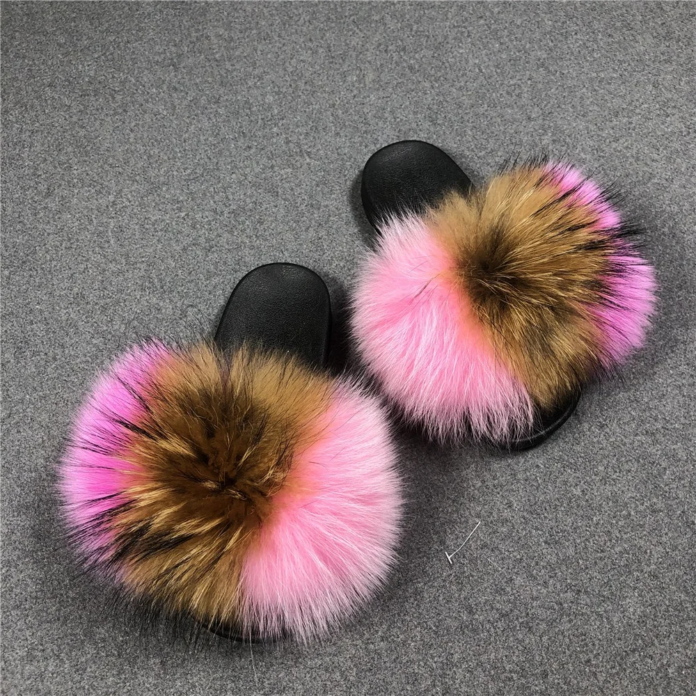 
Drop Shipping Services Fashion Flat Raccon Fur Slippers Open Toe Furry Fox Fur Slides 