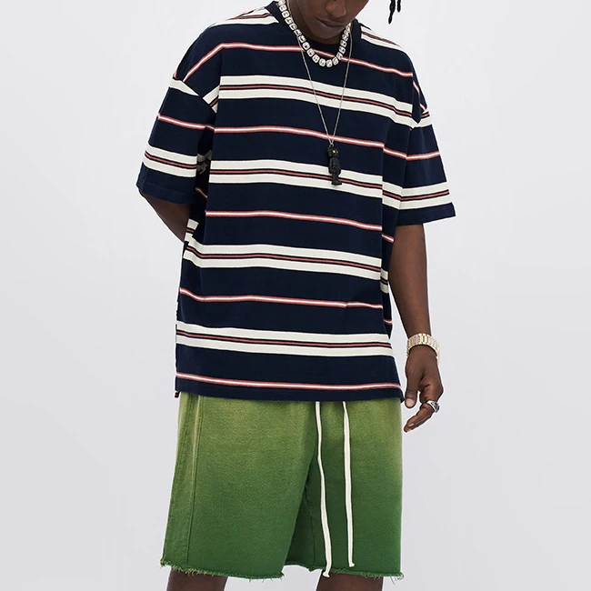 High quality color matching elastic short-sleeved striped color contrast casual tee cotton mens custom logo unisex basic t-shirt