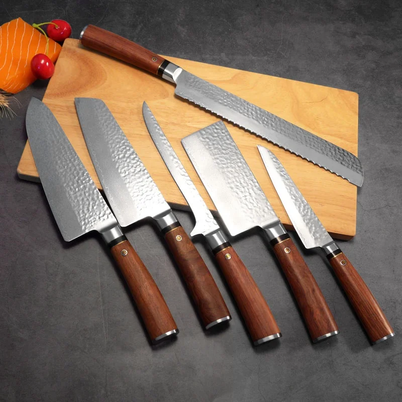China Power Factory OEM damascus kitchen knife set damascus kitchen chef knife with rosewood handle