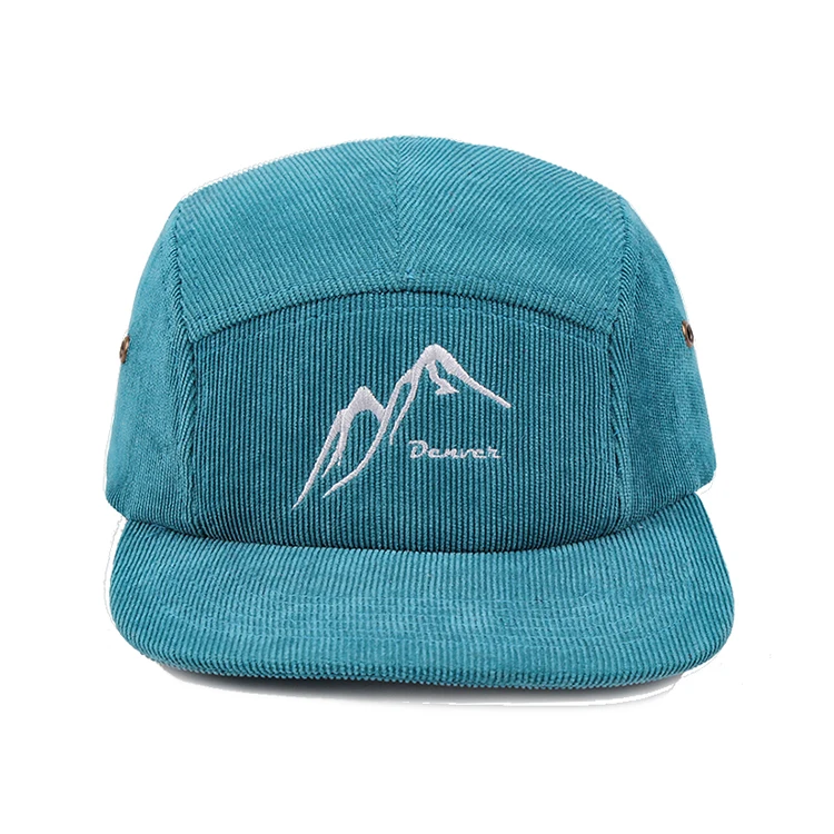 custom blue embroidery camp hat corduroy 5 panel camp cap