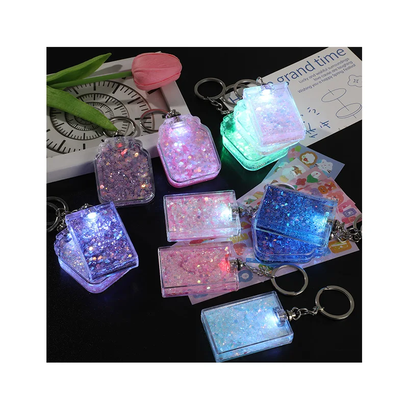 Hot Selling Custom LOGO DIY Sticker LED Shiny Light Multicolor Quicksand Glitter Acrylic Liquid Keychain