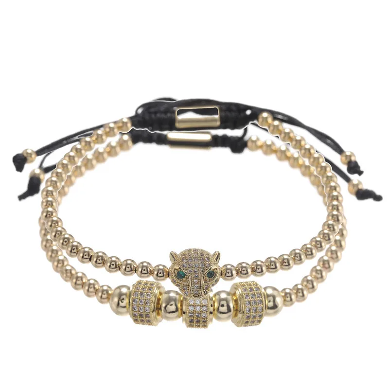 Handmade Luxury Animal Panther Leopard Bracelet Copper Men Micro Pave CZ Round Tube & 4 MM Beads Braided Macrame Bracelet Set