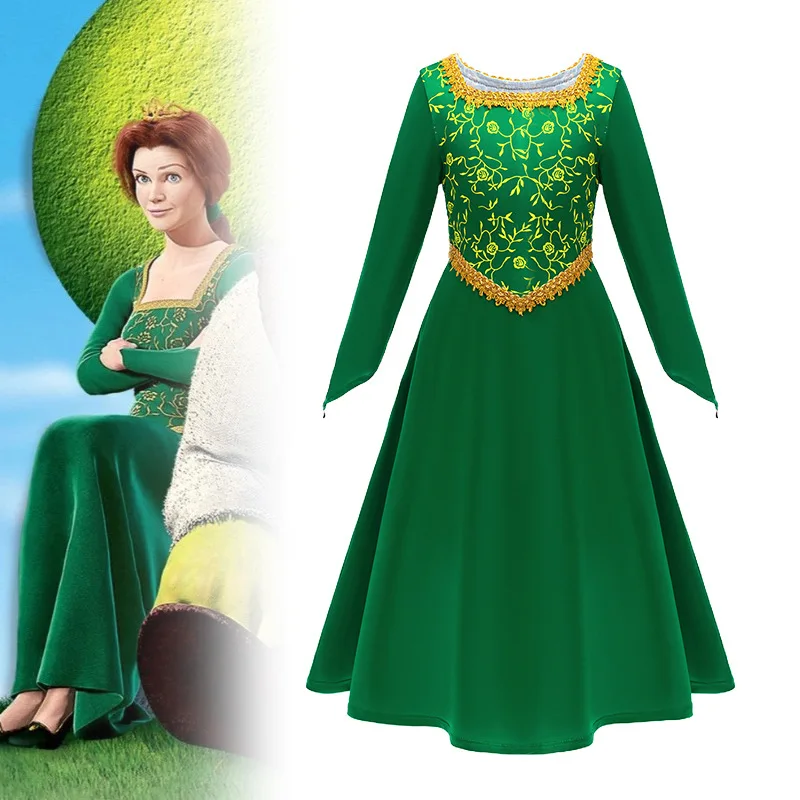 Tv Movie Outfit Long Sleeve Shrek Fiona Princess Dress Cosplay Anime Costume for Girls Women Adult