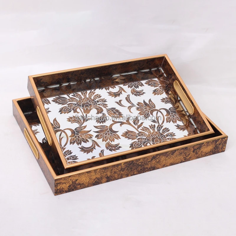 Set of 2 Rectangle PP Frame Glass Top Decorative Vintage Luxury Serving Tray