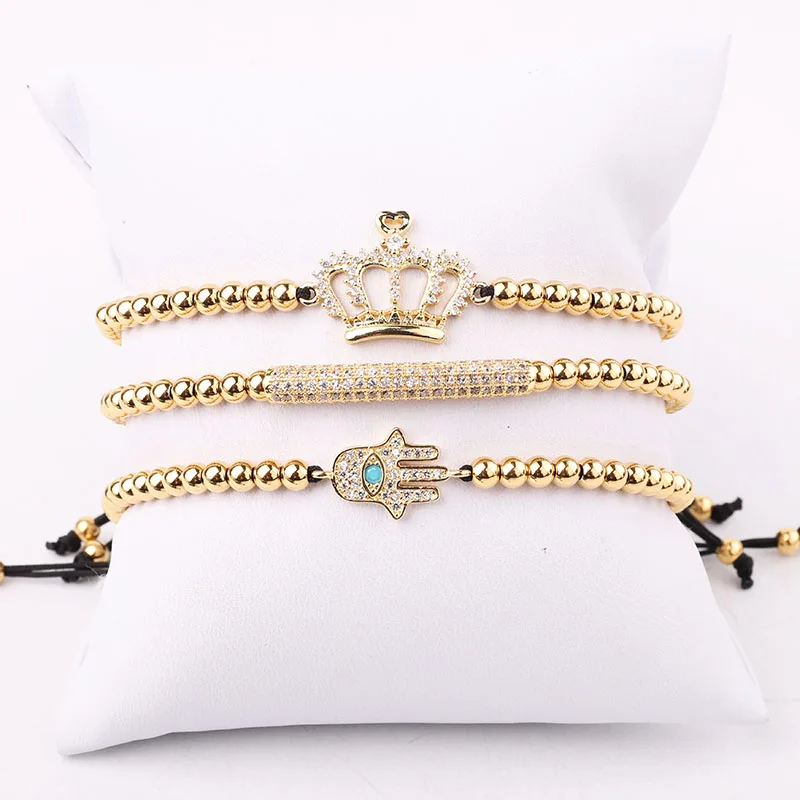 Хит продаж шкафчик из нержавеющей стали бусины 18K золотое покрытие CZ проложить Хамса Корона браслеты с подвесками украшенные бисером и плетением макраме изготовленный на заказ браслет для мужчин женщин