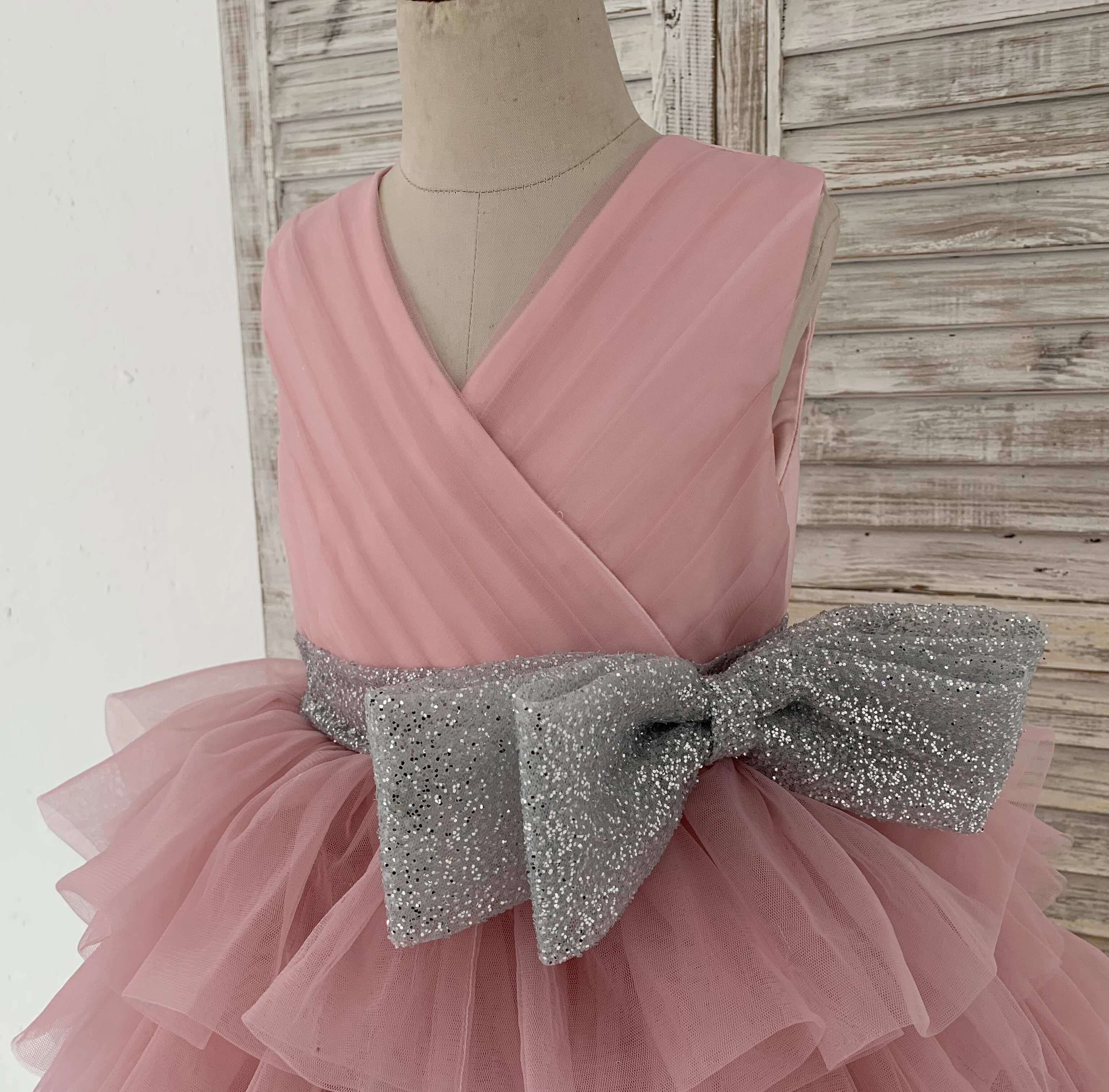Change-Champagne Sequin Satin Tulle Wedding Flower Girl Dress with Belt and Flower