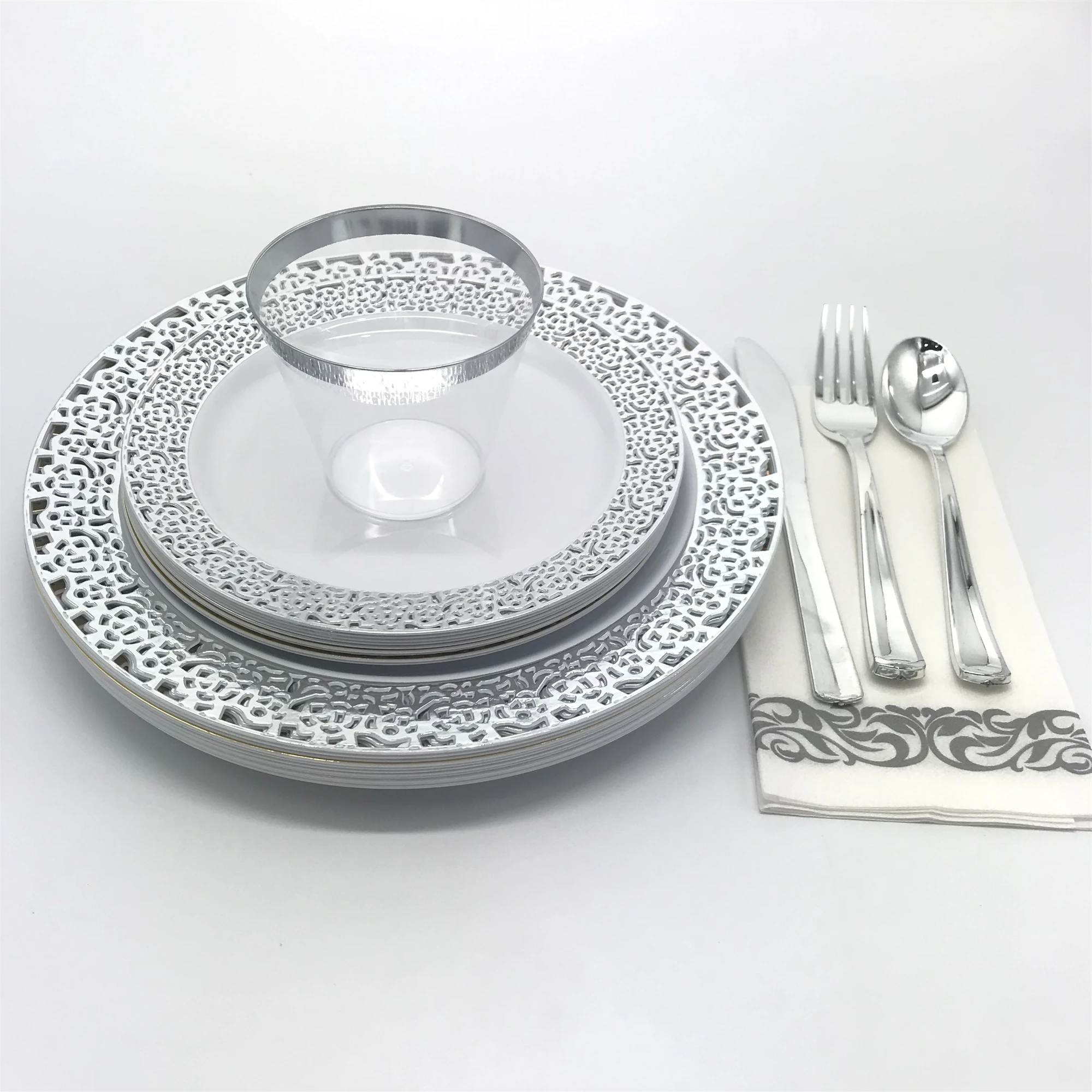 Набор посуды из 350 предметов пластиковая посуда с золотым ободом для свадьбы