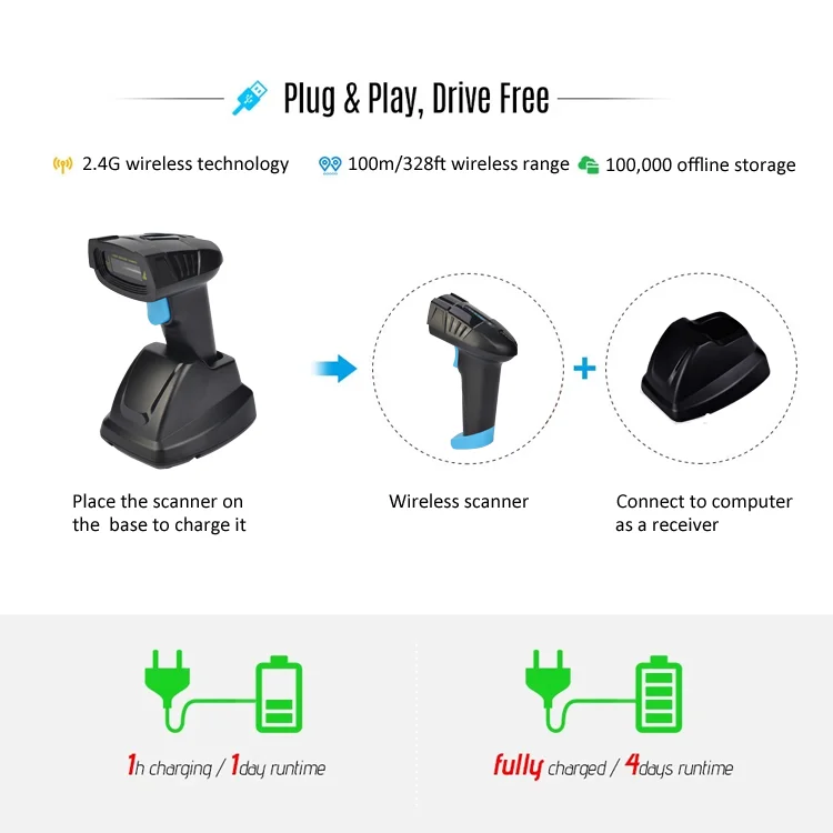 YHDAA YHD-6100LW Adopted 2.4G Wireless barcode scanner Connection Technology Wireless QR Code Reader barcode scanner