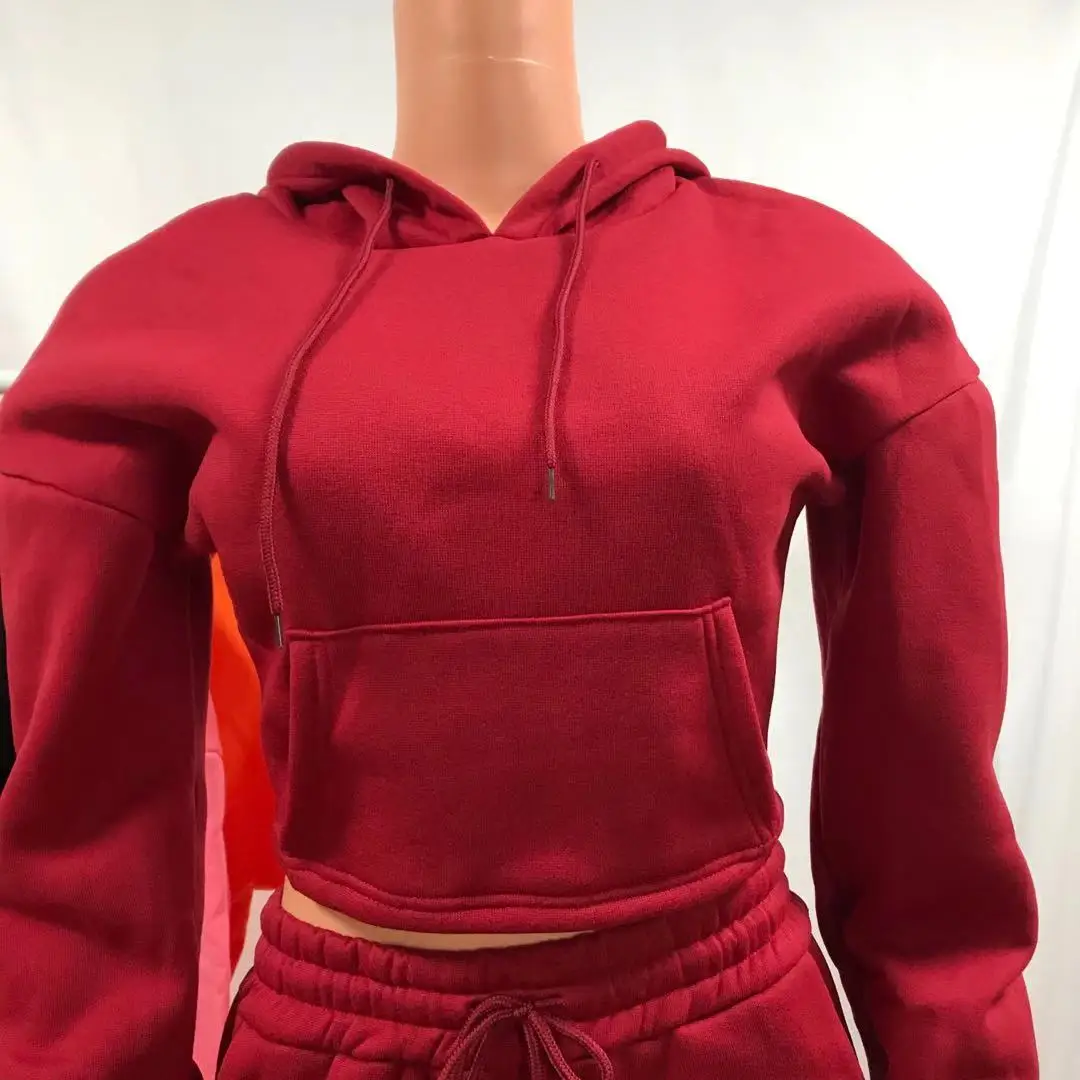 Custom Logo Side Pockets Cargo Pants Set Woman Casual Fleece Thick Crop Hoodie Joggers Stacked Sweatpants Two Piece Outfits Set