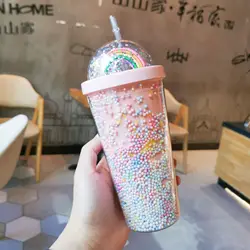 Wholesale 550ml clear creative glitter shinny plastics tumbler girls travel double wall drinking bottles cups with straw