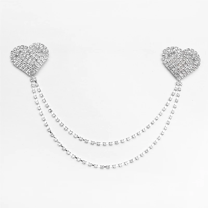 Rhinestone Glitter Love Heart Chest Stickers Necklace Rhinestone Chain Chest Nipple Cover Sexy