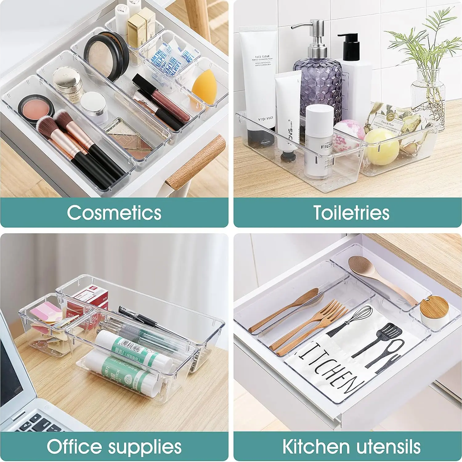 25 PCS Clear Plastic Drawer Organizer Set 4 Sizes Desk Drawer Divider Organizers and Storage Bins Gadget for Desk Makeup Jewelry