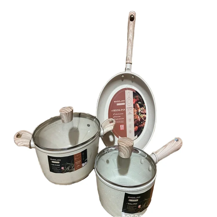 Aluminum alloy White Die-cast aluminum marble coating milk non stick cookware set kitchen cook pan  With glass lid
