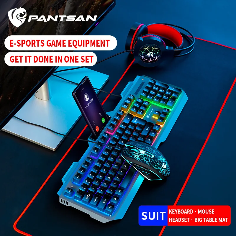 Metal panel with backlit wired keyboard mouse headset mouse pad four-piece office game set 4 in 1 mechanical keyboard