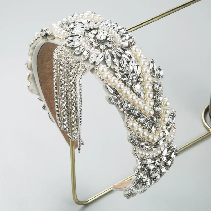 Luxury Design Dream Hair Accessories Silver Diamond Pearl Chain Turban Shiny Vintage Elegant Headdress