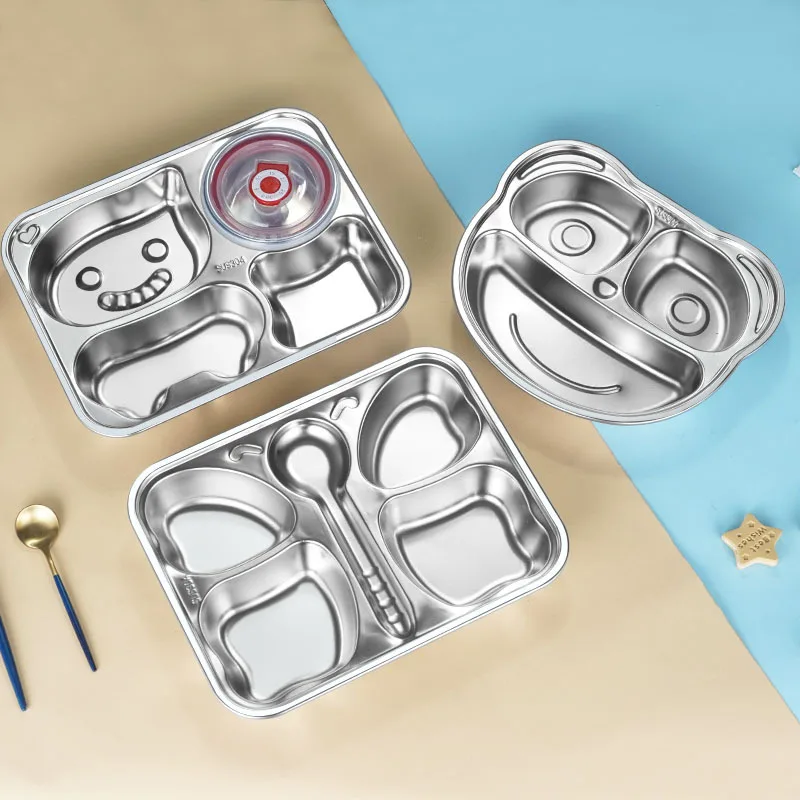 Free Laser Logo 304 Stainless Steel Cartoon Divided Dinner Plate Various Shapes Student School Lunch Divided Food Dinner Tray