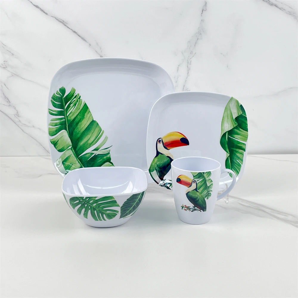 New design spring leaf toucan custom logo fine melamine dinnerware set luxury 16pcs plastic dinner sets