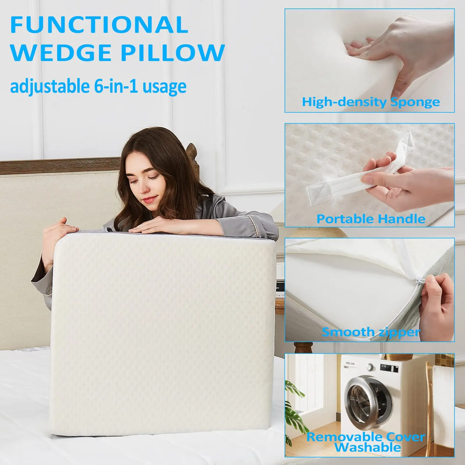 7.5 Inches High Density Leg Elevation Memory Foam Core Gap Filler Pillow Headboard Bed Wedge Pillows with Side Pockets