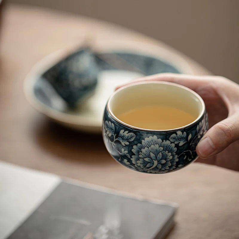 Ru Kiln Open-Handled Kung Fu Tea Set Small Porcelain Ceramic Cup with Classic Design Enjoy Taste with Included Gift Box