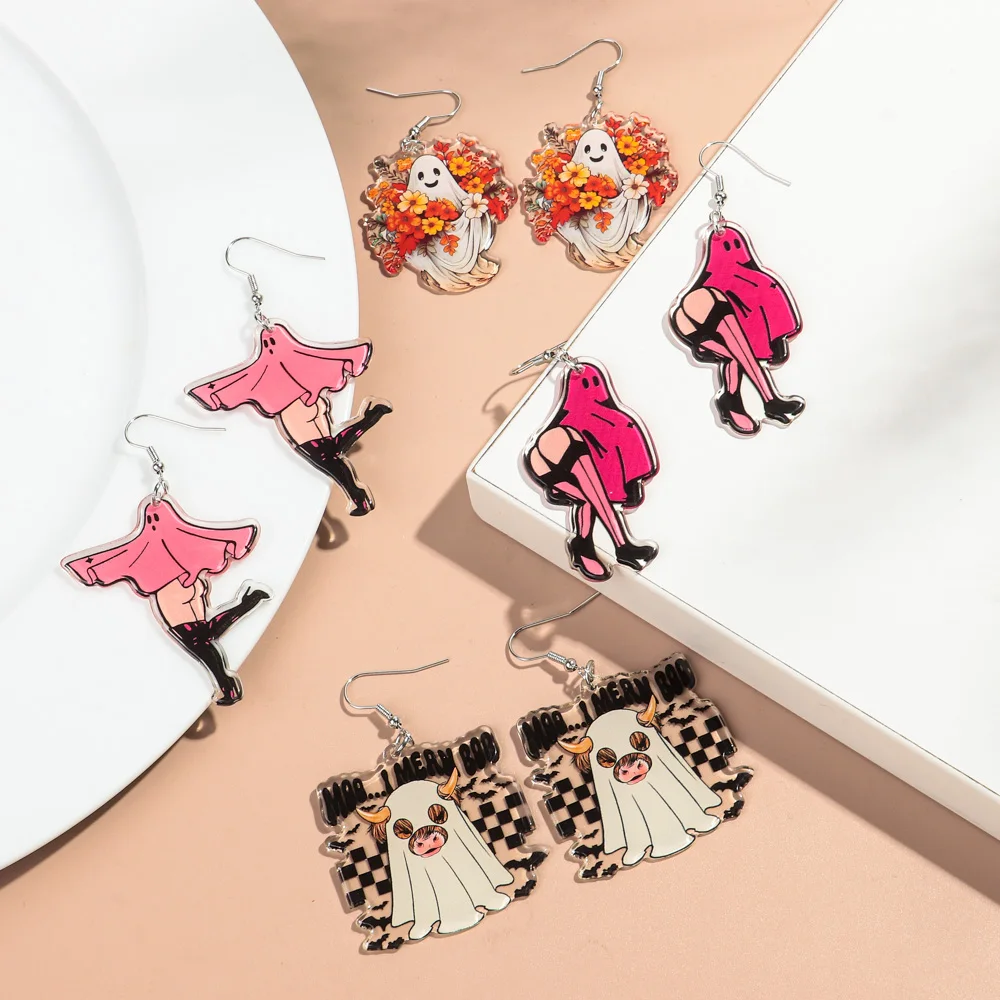 Funny Cartoon Ghost Fashion Halloween Party Earring Sexy Women Pink Skirt Flower Cow Bat Spooky Acrylic Drop Earrings For Girls