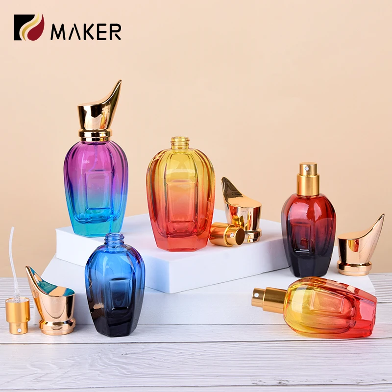 High Quality Luxury Crimp Flocking Empty Glass Parfum Bottle 30ml 50ml 100ml Colourful Beautiful Perfume Bottle With Cap Custom