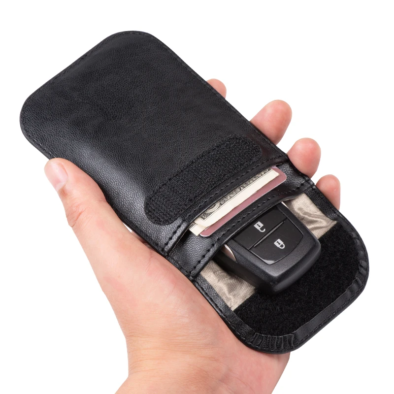 Custom Logo Luxury PU Leather Skin Rfid Full Cover Case For Car Key Holder Pouch Signal Block Protect Wallet Bag Fob with Chain