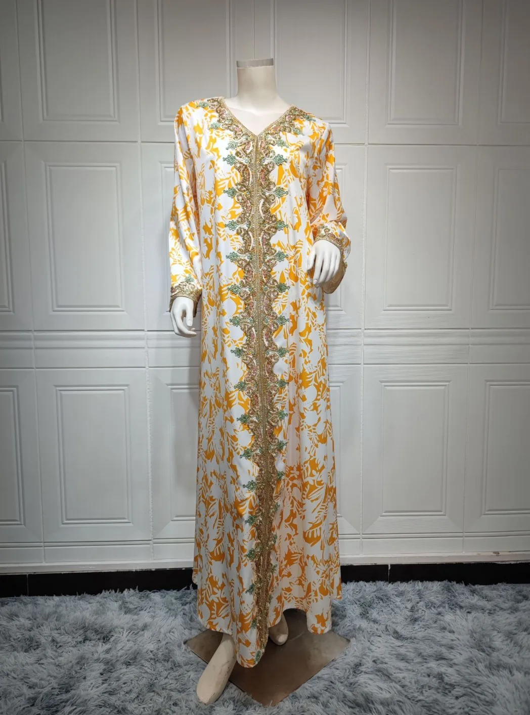 2022 new arrival Islamic clothing Arabic Muslim women abaya dress yellow print sequins gold lace Moroccan dresses