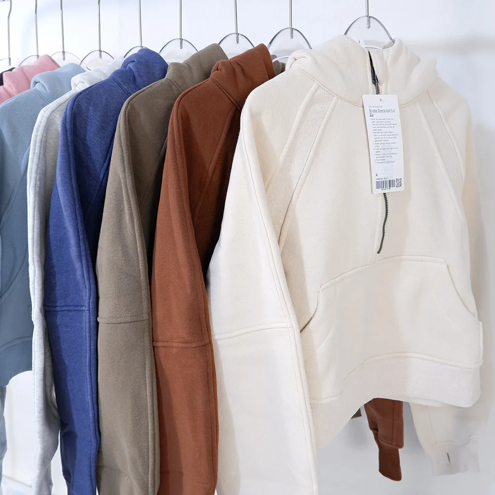 Lu logo Scuba Half Zip Hoodie Jacket With Logo Women Winter Warm Fleece Sports Coat Fitness Sweatshirts Gym Loose Long Sleeve Yo